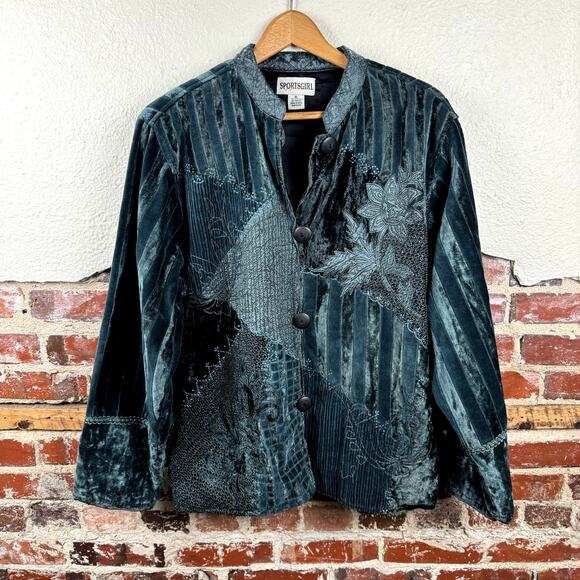 Sportsgirl Jackets & Blazers - Vintage Sportsgirl Jacket Size XL Blue Velvet Patchwork Button Up Floral Artsy